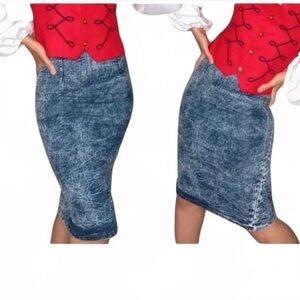 Y2K VTG Judy Blue 1XL Denim Midi Pencil Skirt Acid Wash 30X27 USA BOHO Festival